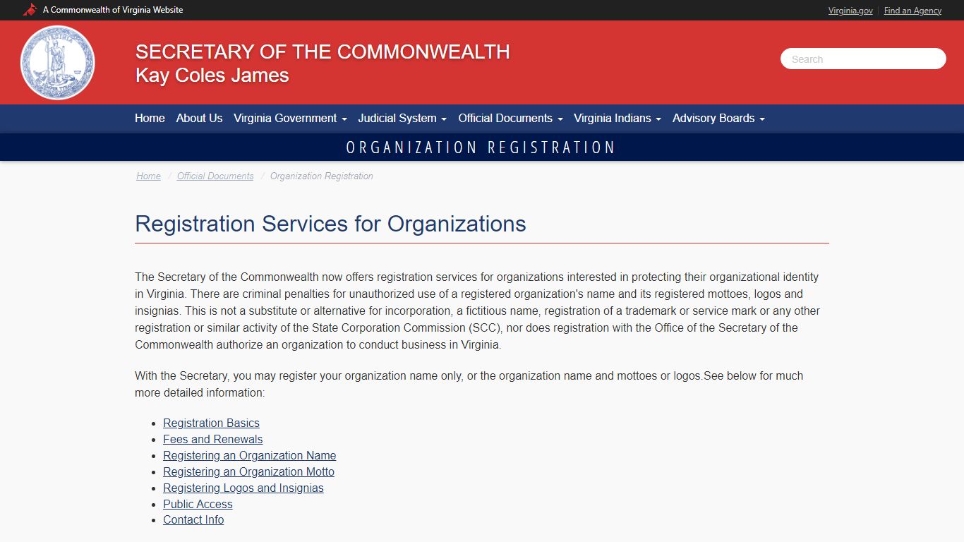 Secretary of the Commonwealth - Organization Registration - Virginia